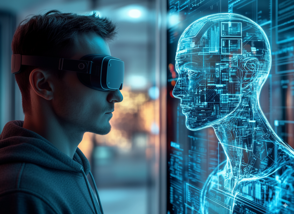 Laboratorio de factores humanos y experiencia de usuario en TECNALIA. Un hombre enfrentado a una imagen holográfica