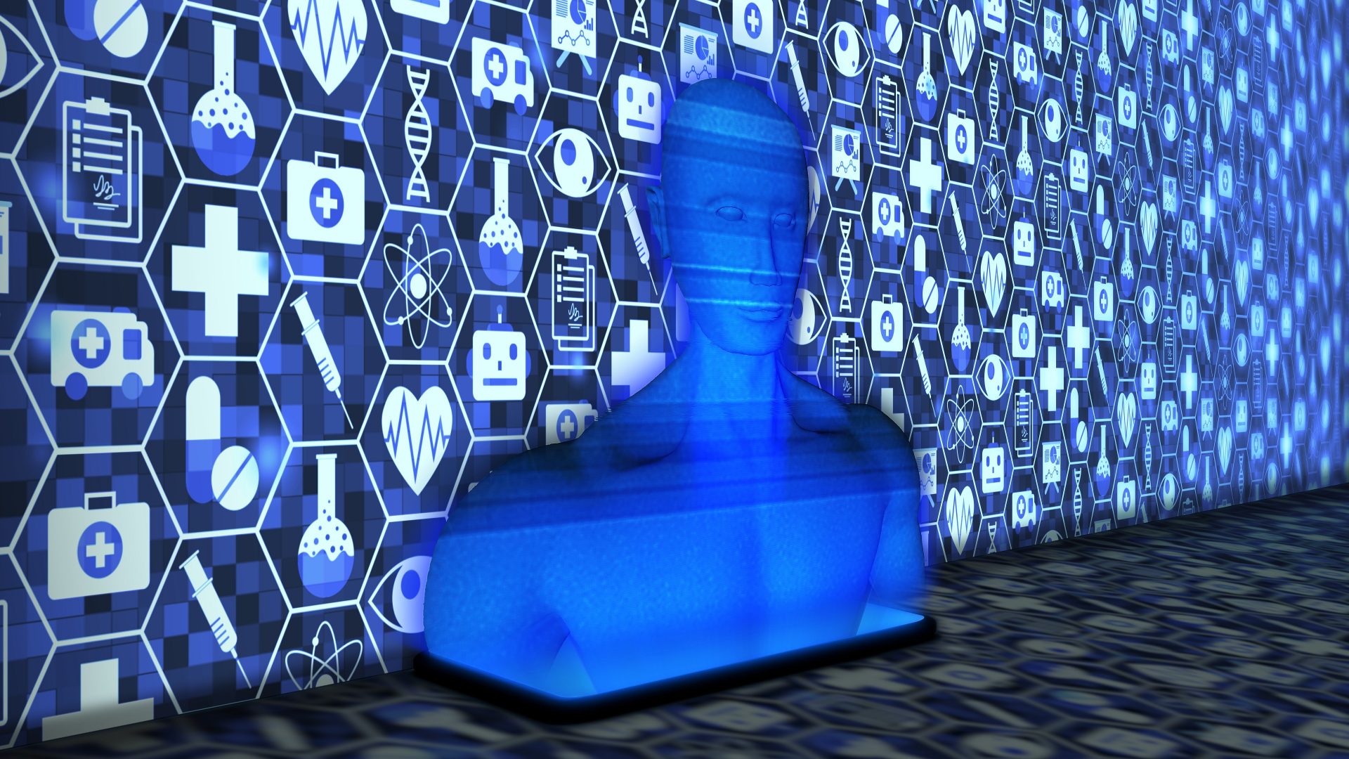 8K 3D Rendered AI/Human Hologram projected from Smartphone on the floor with Medial Technology icon set Background in blue color