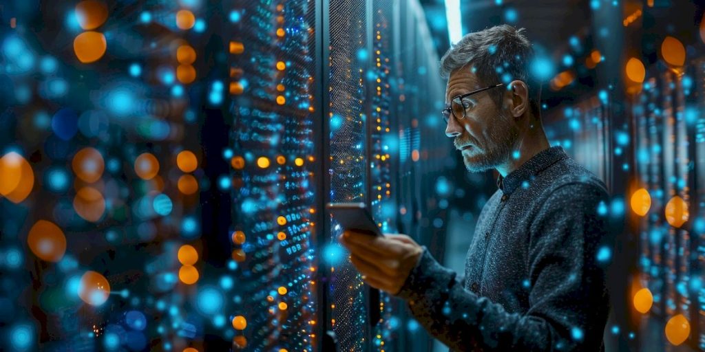 imagen de las plataformas digitales KATEA de TECNALIA. Hombre con un móvil frente a un servidor