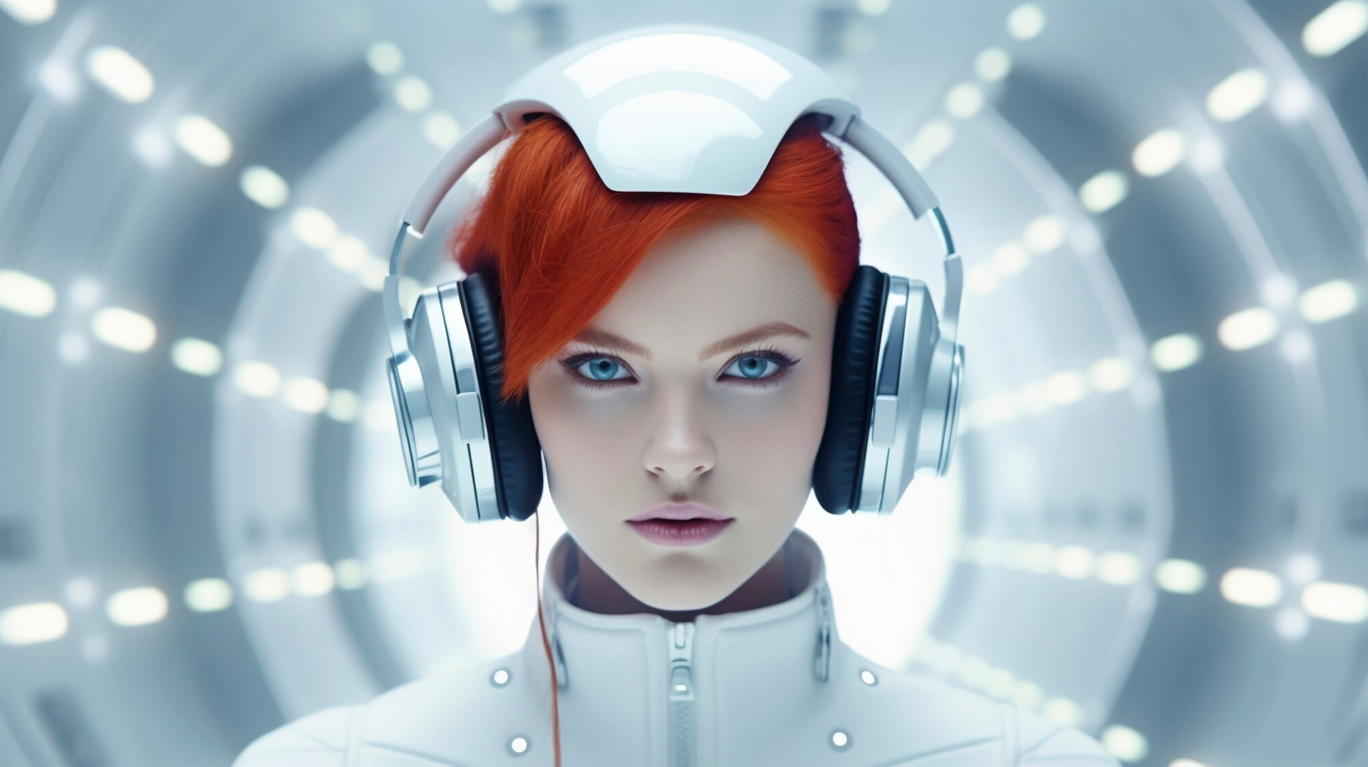 imagen de una mujer con cascos, ambiente futurista que representa el espacio de sala de prensa de TECNALIA