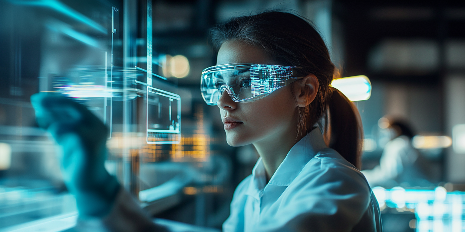mujer en área digitalizada representando quiénes somos en TECNALIA. Porta gafas futuristas.