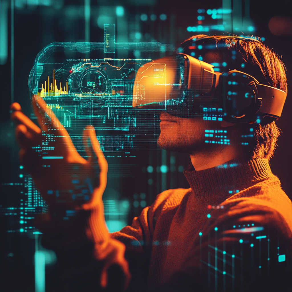 imagen de un hombre con gafas de realidad virtual señalando paneles digitales. Simula tecnologías en TECNALIA