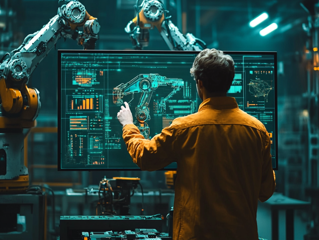 imagen de planta industrial con un operario y dos braos robóticos simulando el proyecto HumanDT de TECNALIA