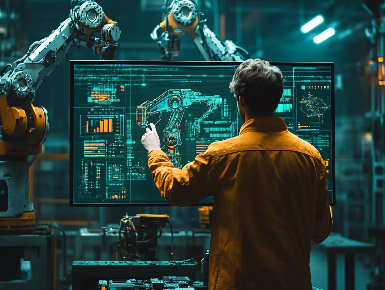 imagen de planta industrial con un operario y dos braos robóticos simulando el proyecto HumanDT de TECNALIA