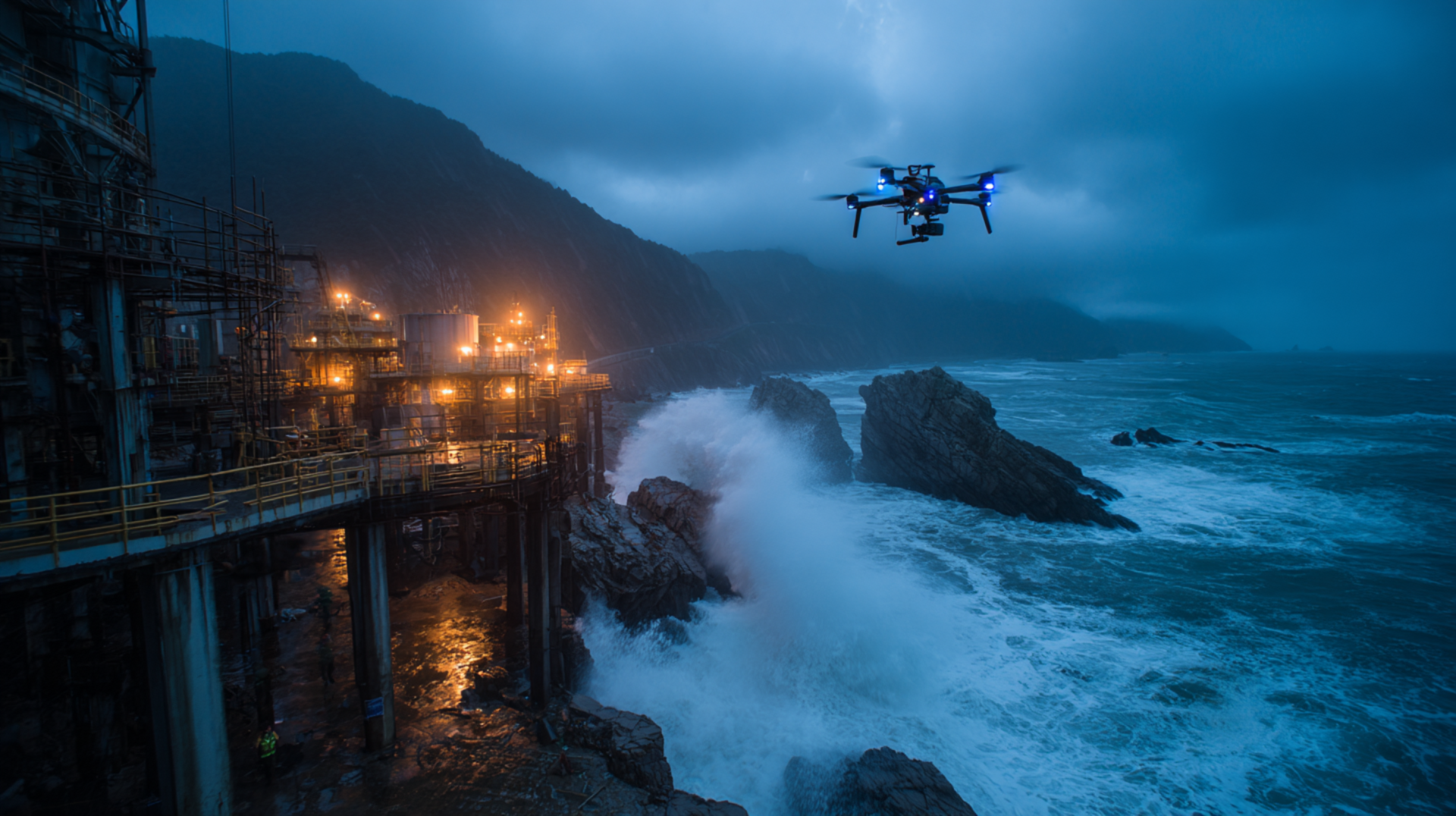 imagen de un dron que está vigilando un edificio de smart construction en condiciones extremas