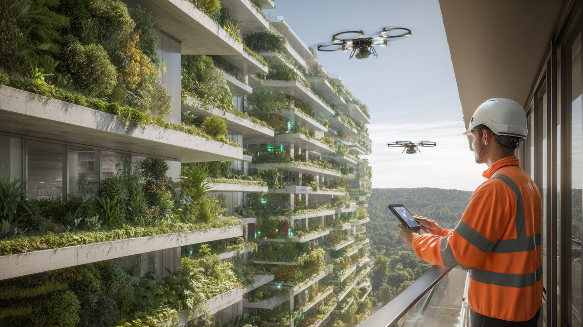 operario vigilando un dron en un contexto de smart construction