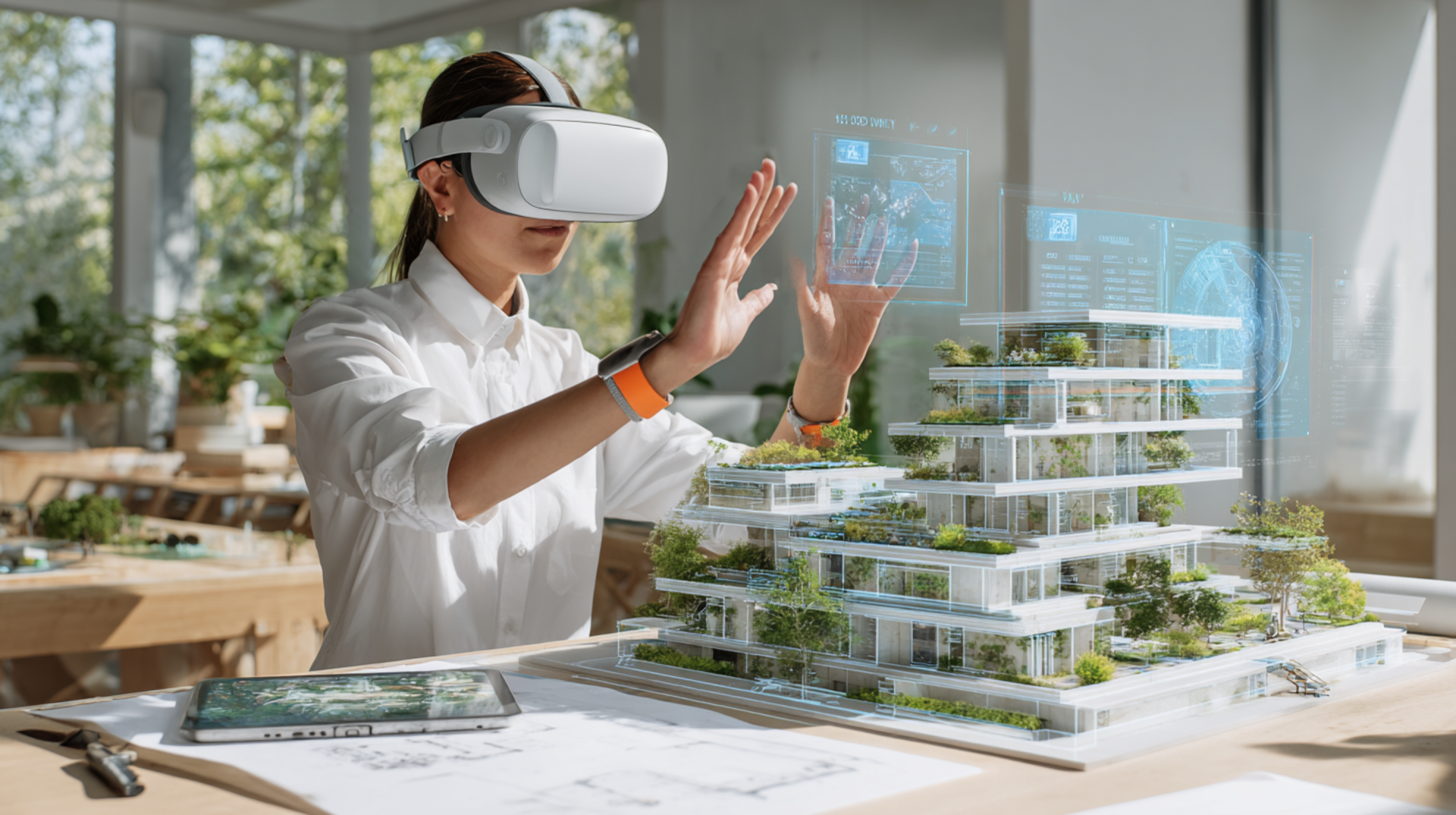 Imagen de una mujer y gaas de realidad virtual con edificios de smart construction