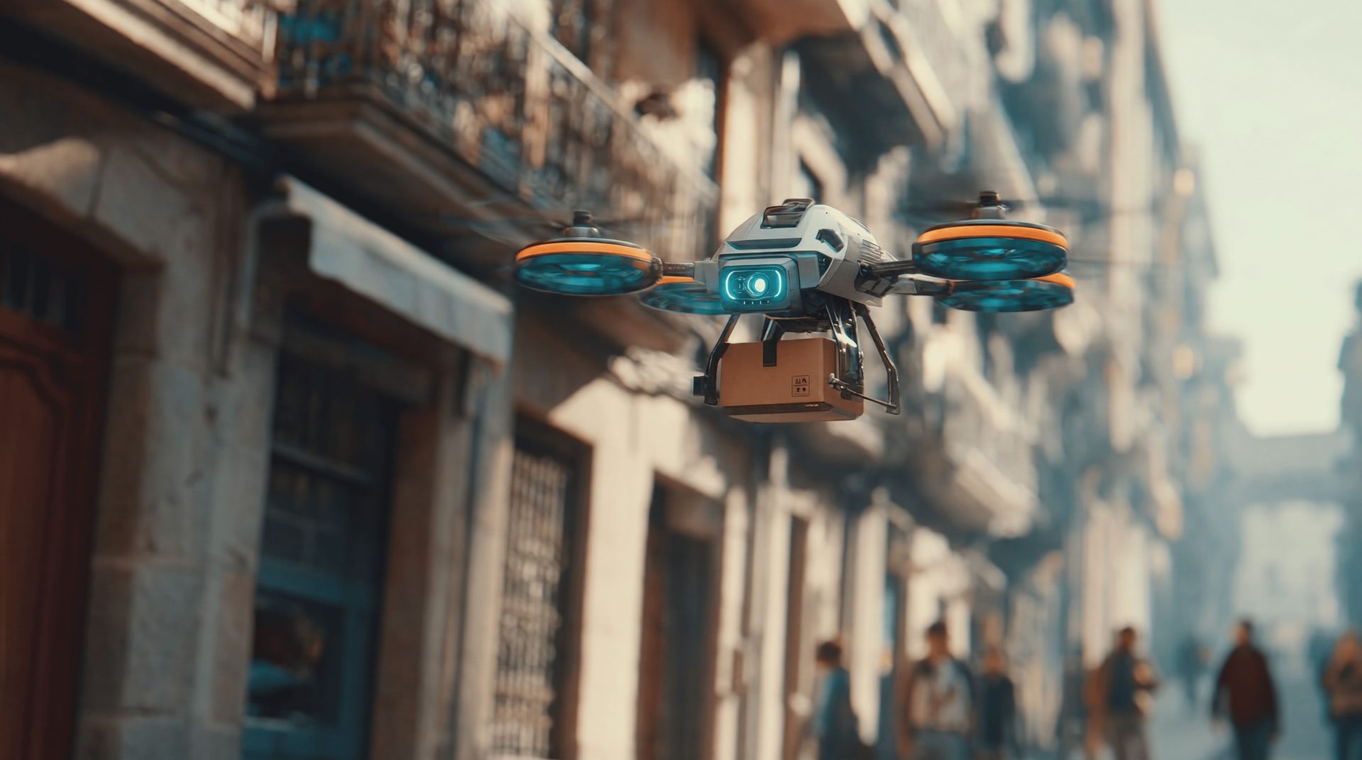 Dron transportando paquetería en ciudad